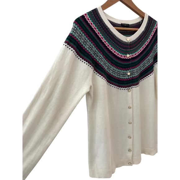 Talbots Cashmere Blend Fair Isle Trim Button Front Cardigan Size Large Petite - Picture 5 of 10